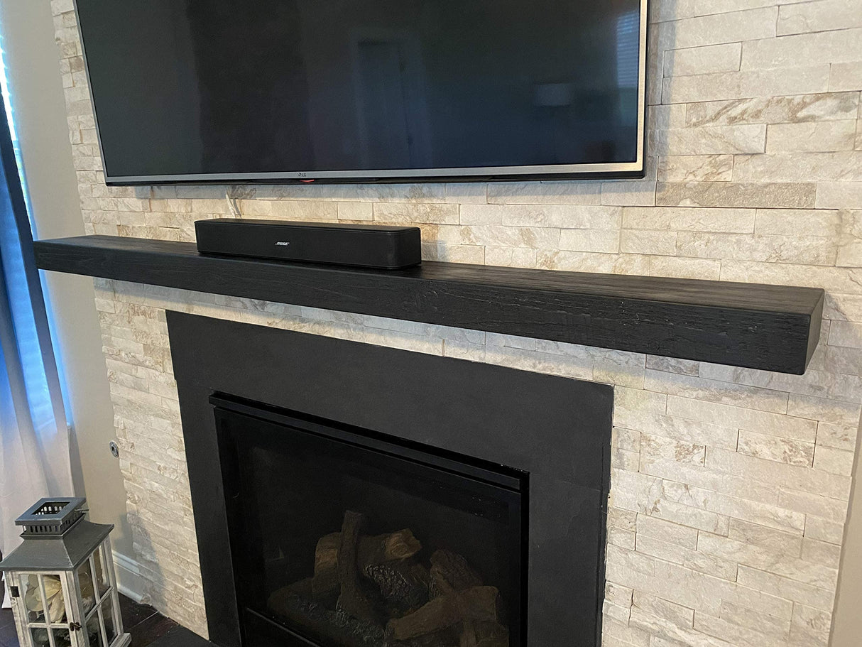 Joel's Antiques, Basic Black, 78" x 7" Deep x 3" Thick, Rustic Floating Mantel Shelf, USA Handmade, Ebony Matte Clear Coat Finish, Patented Hidden Floating Shelf Bracket joelsantiques