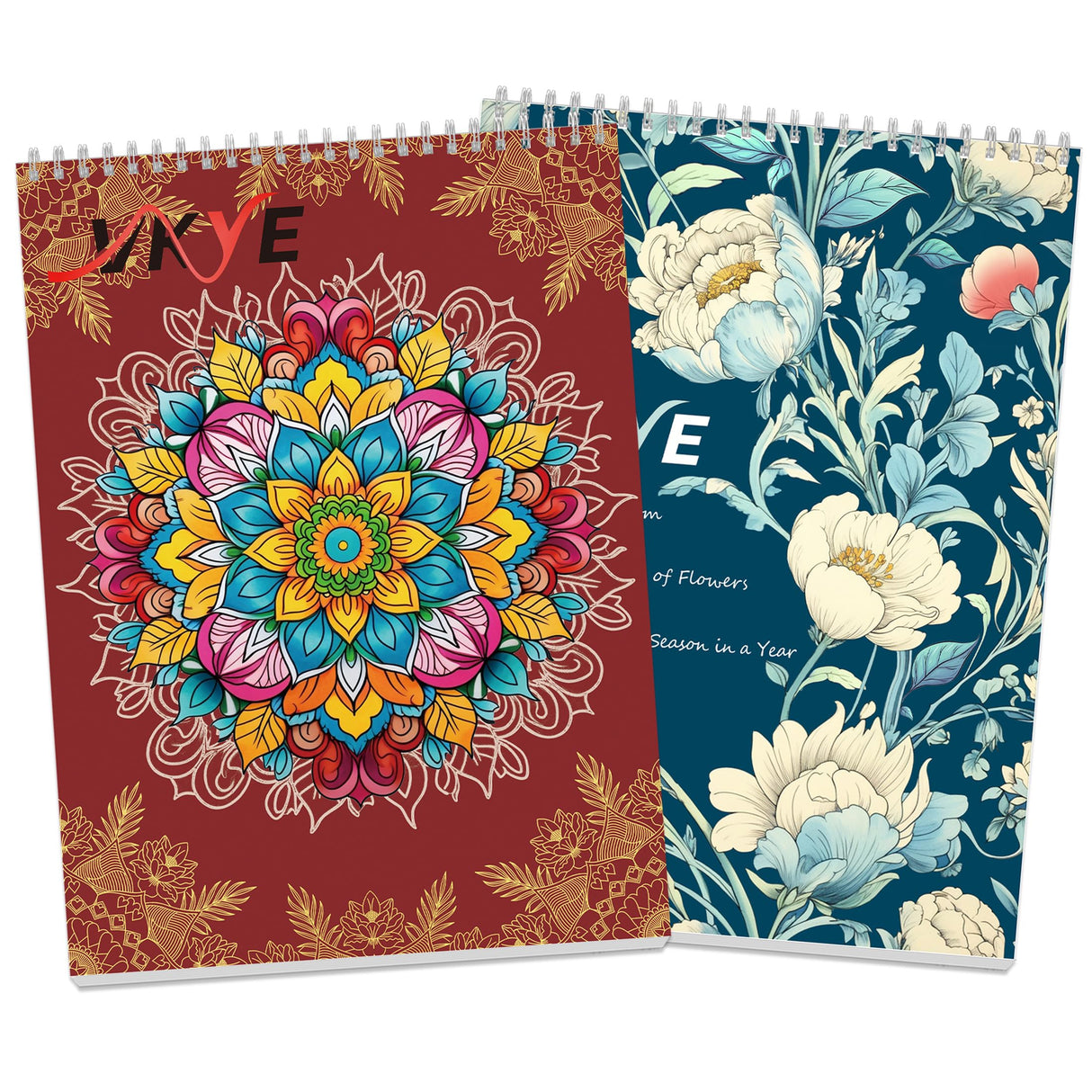 Set of 2 - Adult Coloring Book Seasonal Blossoms & Mandalas with Exquisite Patterns, Ideal Art for Women & Teens, Markers Recommended, Thick Paper, Spiral Bound, Anxiety and Depression, VKYE