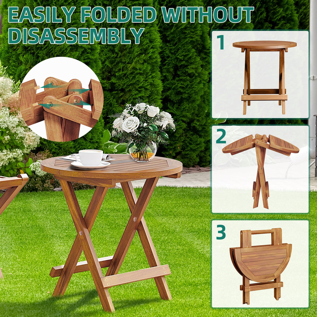 YITAHOME Teak Wood Outdoor Side Table, Patio Folding Round End Table with Metal Buckles and X-Frame, Outdoor Bistro Table Ideal for Backyard Patio Garden Living Room Kitchen, Easy to Carry YITAHOME