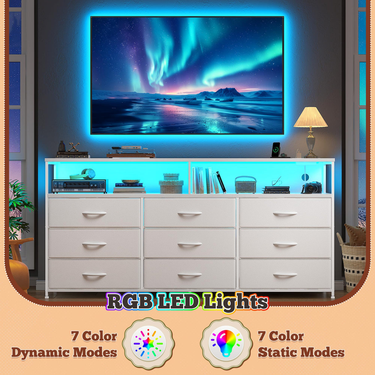 Romorgniz 55" W White Dresser for Bedroom with 9 Drawers, LED TV Stand with Power Outlets for 45, 55, 65 Inch TV, Sturdy Long Chest of Drawers with Extra 2 Wooden Shelves, 55.1" W x 35.4" H x 11.8" D Romorgniz