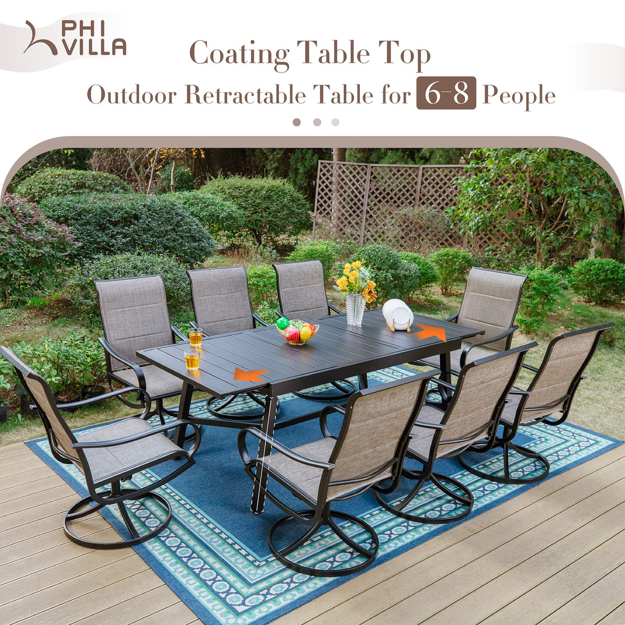 PHI VILLA 9 PCS Patio Dining Set, 8 Padded Swivel Dining Chair with Quick-Dry Cotton and 1 Extandable Metal Table,E-Coating for Rustproof for Outside, Poolside PHI VILLA