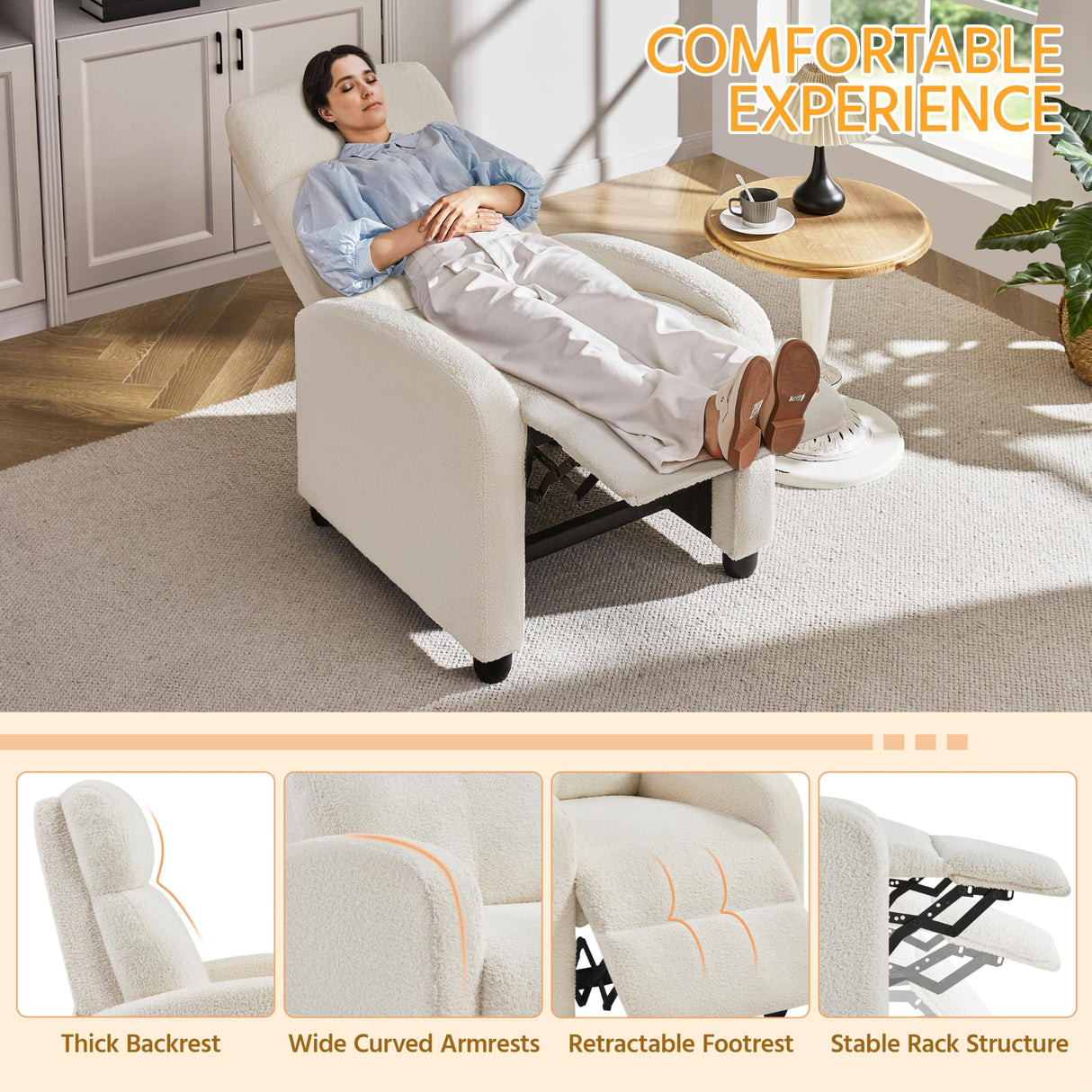 Yaheetech Fabric Recliner Chair Single Sofa Home Theater Seatting Adjustable Modern Single Reclining Chair for Living Room Bedroom Home Theater Ivory Yaheetech