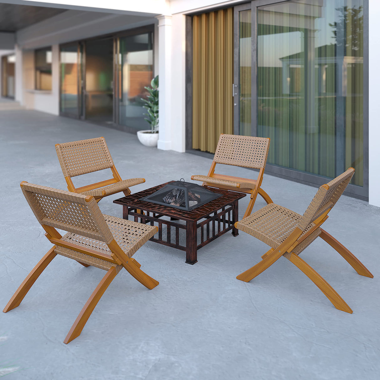 Patio Sense 64159 Sava Indoor Outdoor Folding Chair All Weather Wicker Low Slung Portable Seating Solid Acacia Wood Woven Seat & Back Indoors Porch Lawn Garden Fishing Sporting - Tan Webbing Patio Sense