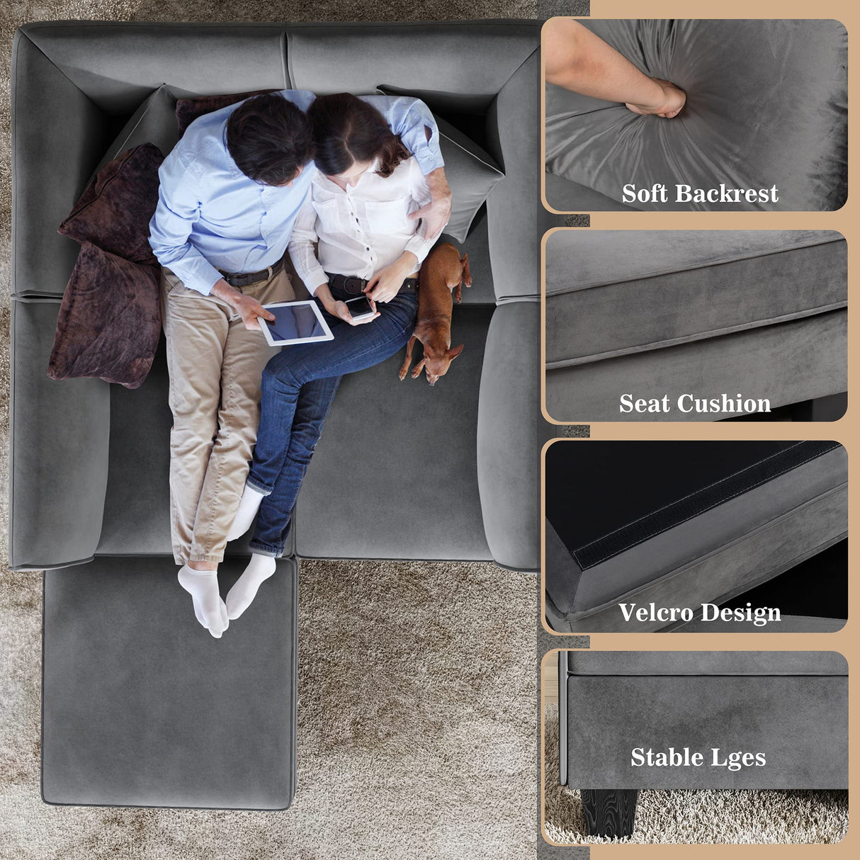 Vongrasig 5 Pieces Sectional Couch Modular Sofa with Reversible Chaise 116" Velvet L-Shaped Couch Sofa 4-seat Modular Large Sectional Couch with Ottoman for Living Room, Upholstered Cushion (Grey) Vongrasig