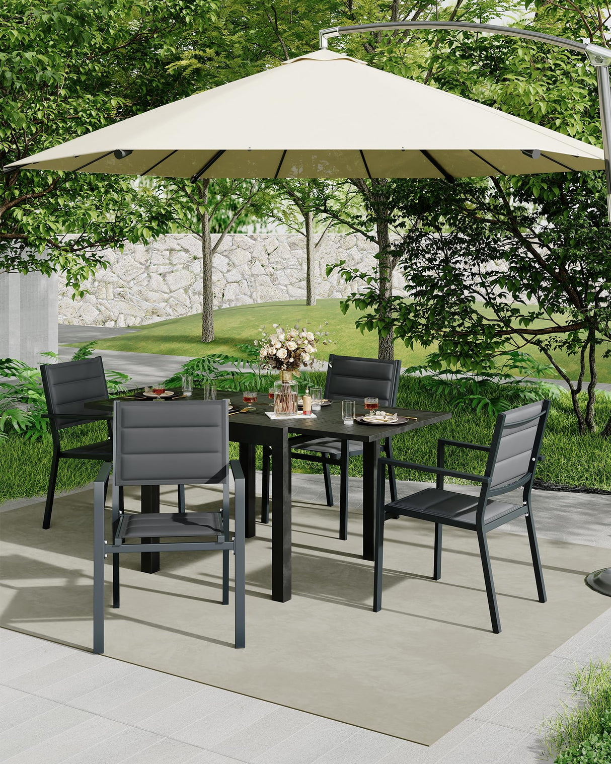 4 Piece Aluminum Patio Stackable Dining Chairs Set, Outdoor Metal Lightweight Stacking Dining Chair with Textilene Fabric, for Backyard Lawn Deck Poolside Porch Bistro, Dark Grey GAOMON