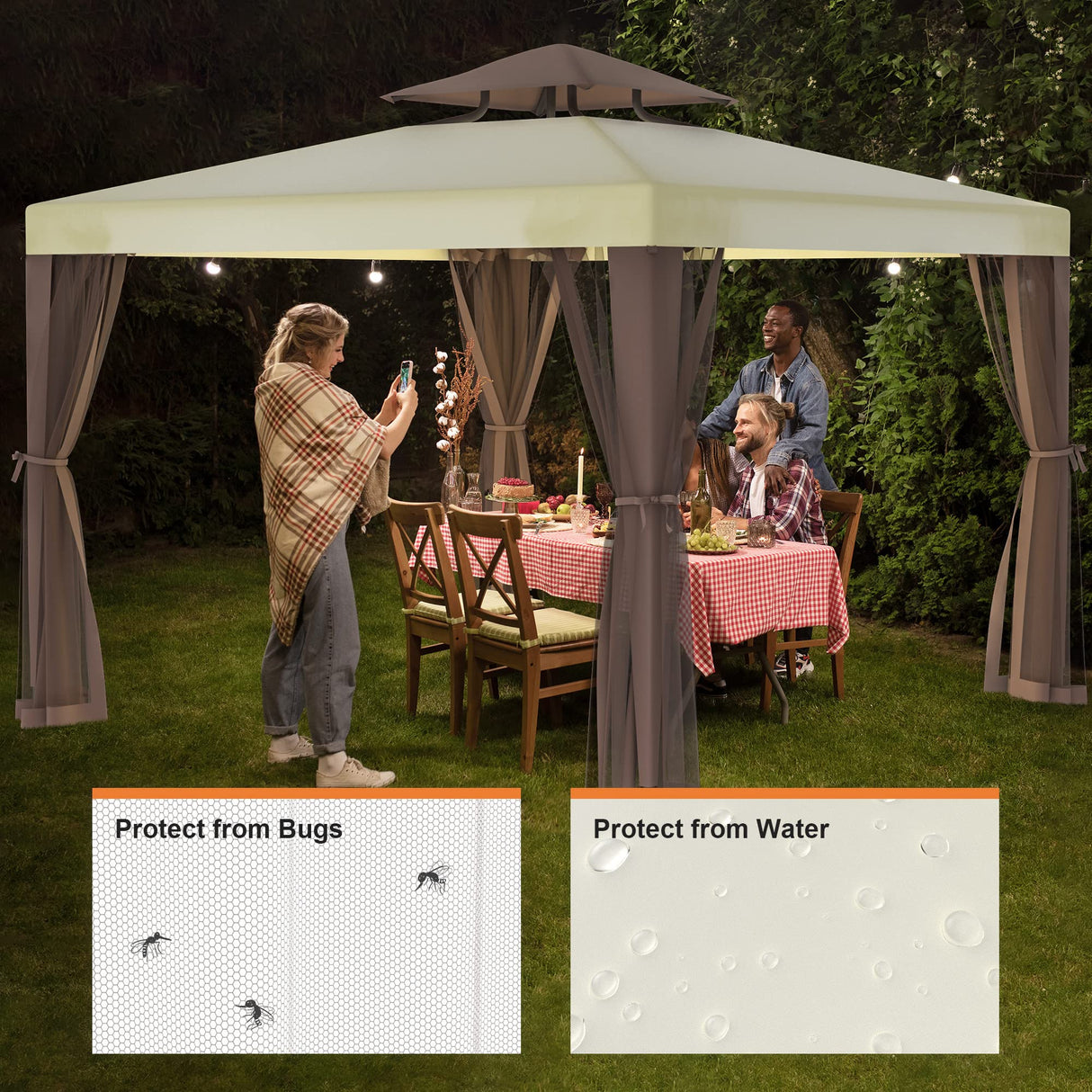 Gazebo, 10x10 Patio Gazebo Waterproof Canopy Tent UV-Resistant 2-Tier Top Sturdy Outdoor Canopy Tent for Camping with Mosquito Netting for Garden Patio Backyard(10FT x 10FT) Phonjoroo