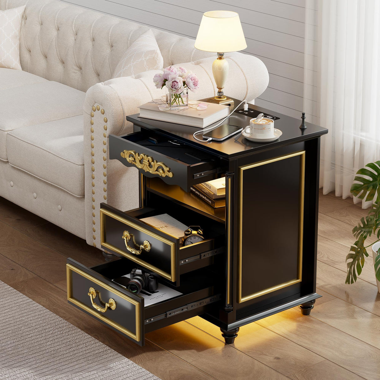 Gurexl Farmhouse Nightstand with Gun Drawer, 20" Vintage Bedside Table with LED Lights & Charging Station, Tall Rustic Wood Sofa Side End Table with 2 Drawers for Bedroom (Black) Gurexl