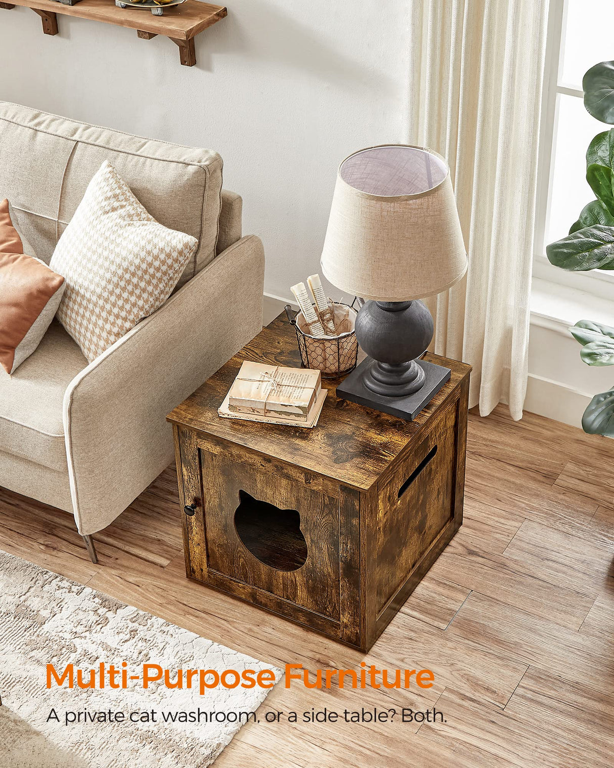 FEANDREA Cat Litter Box Furniture, Hidden Litter Box Enclosure Cabinet with Single Door, Indoor Cat House, End Table, Nightstand, Rustic Brown UPCL004X01 Feandrea