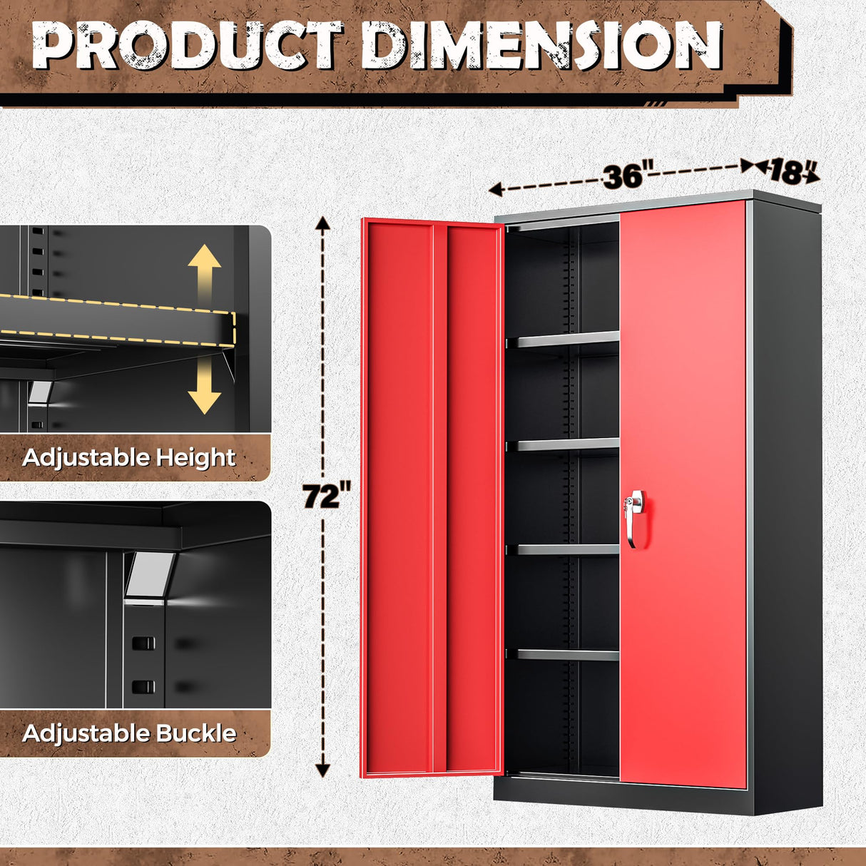 INTERGREAT Metal Lockable Storage Cabinet, 72” H Storage Cabinet with 2 Doors and 4 Adjustable Shelves for Office, Home, Garage, Pantry (Assembly Required, 18”D, Black Red) INTERGREAT
