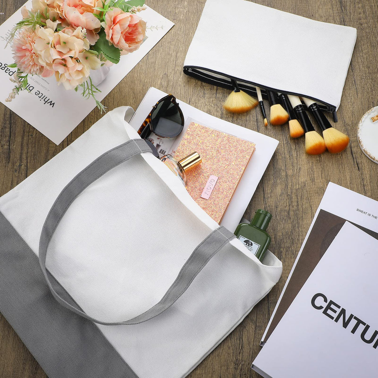 Moukeren 24 Pcs Canvas Tote Bag Bulk DIY Sublimation Blank Bag with Zipper Cosmetic Makeup Bag for Christmas Craft Gift(Patch) Moukeren