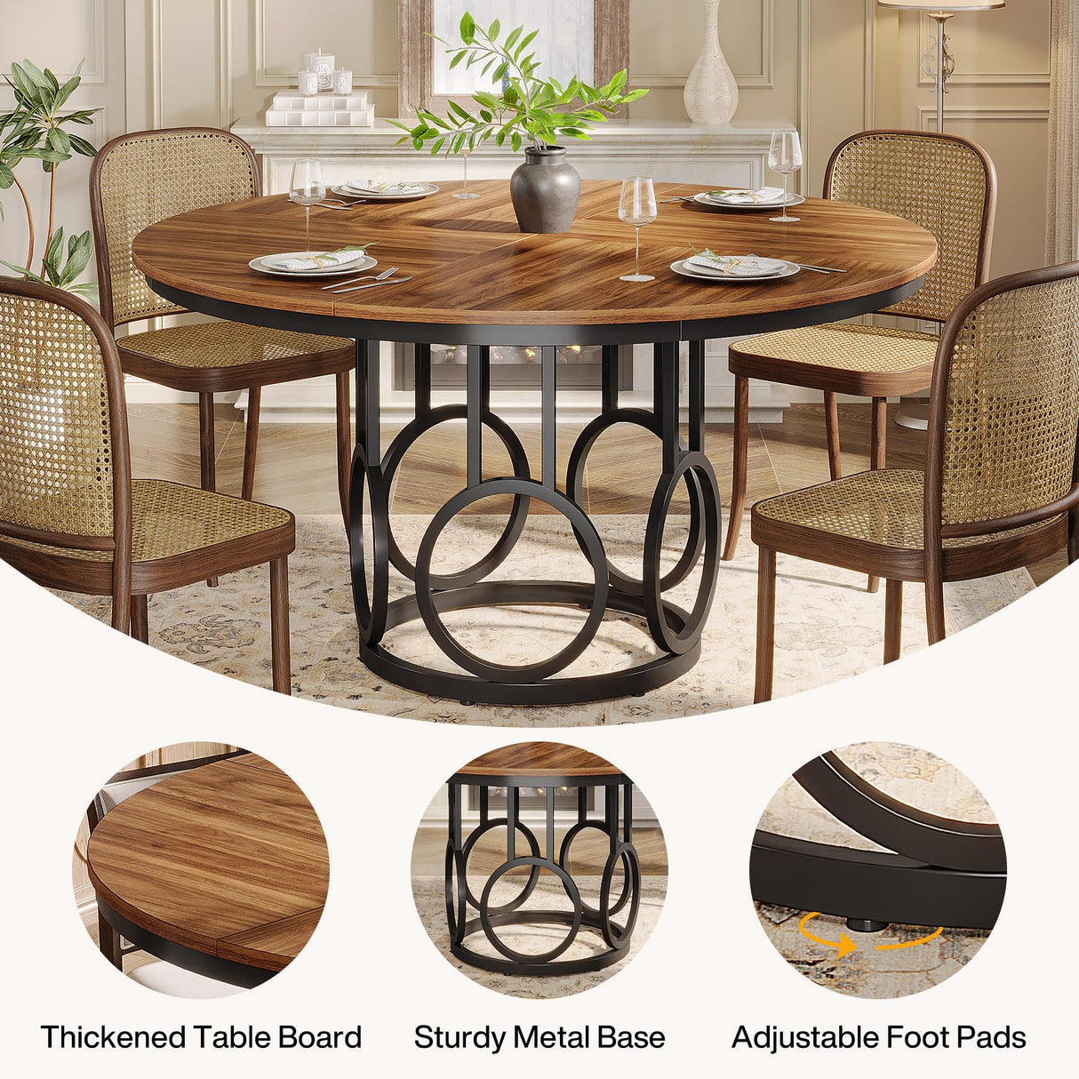 Tribesigns Round Dining Table for 4-6 People, 47-Inch Circle Kitchen Table Large Dining Room Table with Sturdy Metal Base, Wood Dinner Table for Dining Room, Kitchen, Living Room, Dark Walnut & Black Tribesigns