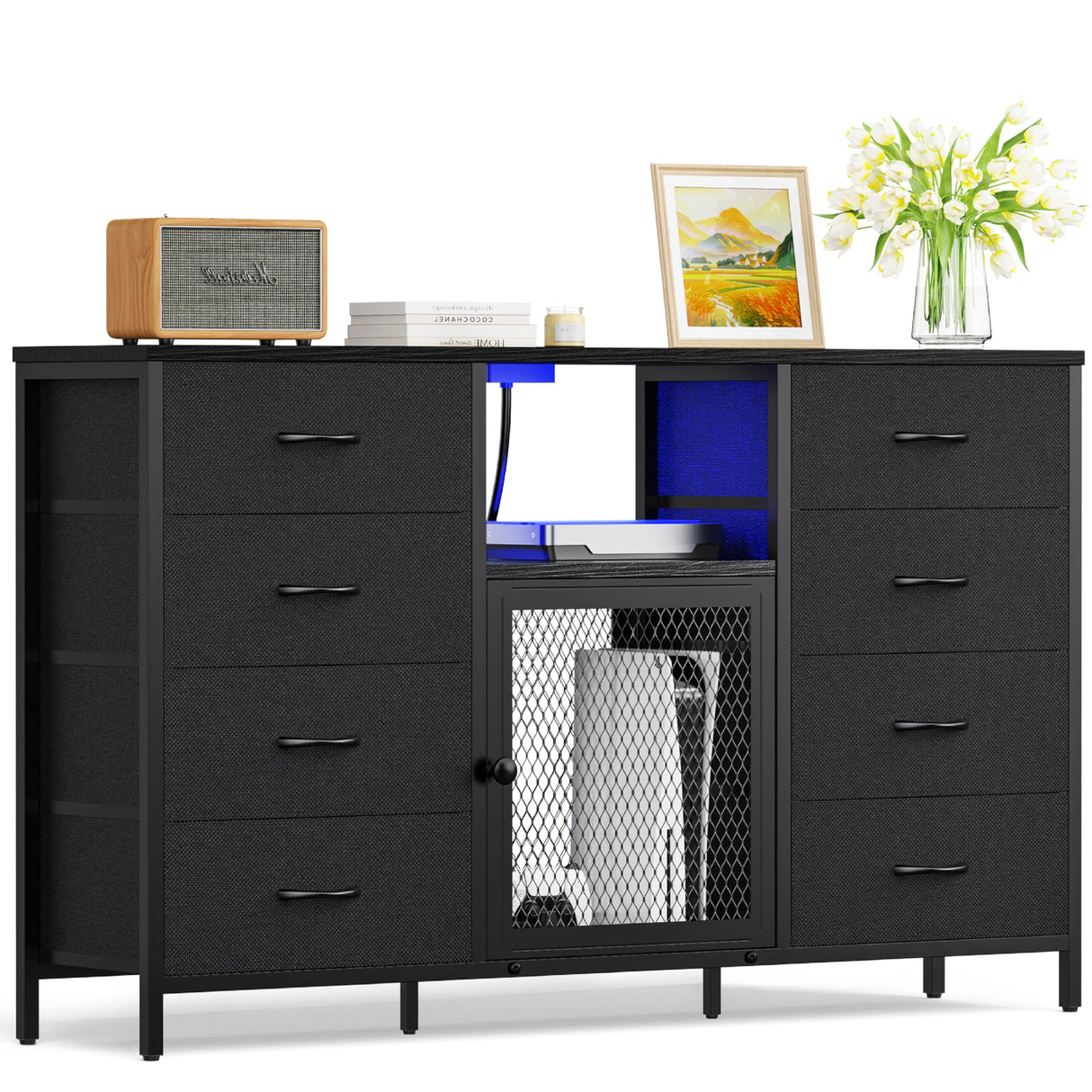 Dresser TV Stand for Bedroom for 65 inch TV with LED Lights and Charging Station, Fabric Chest of Drawers, 8 Fabric Drawers, Wood Top, Living Room, Closet Black Decofy