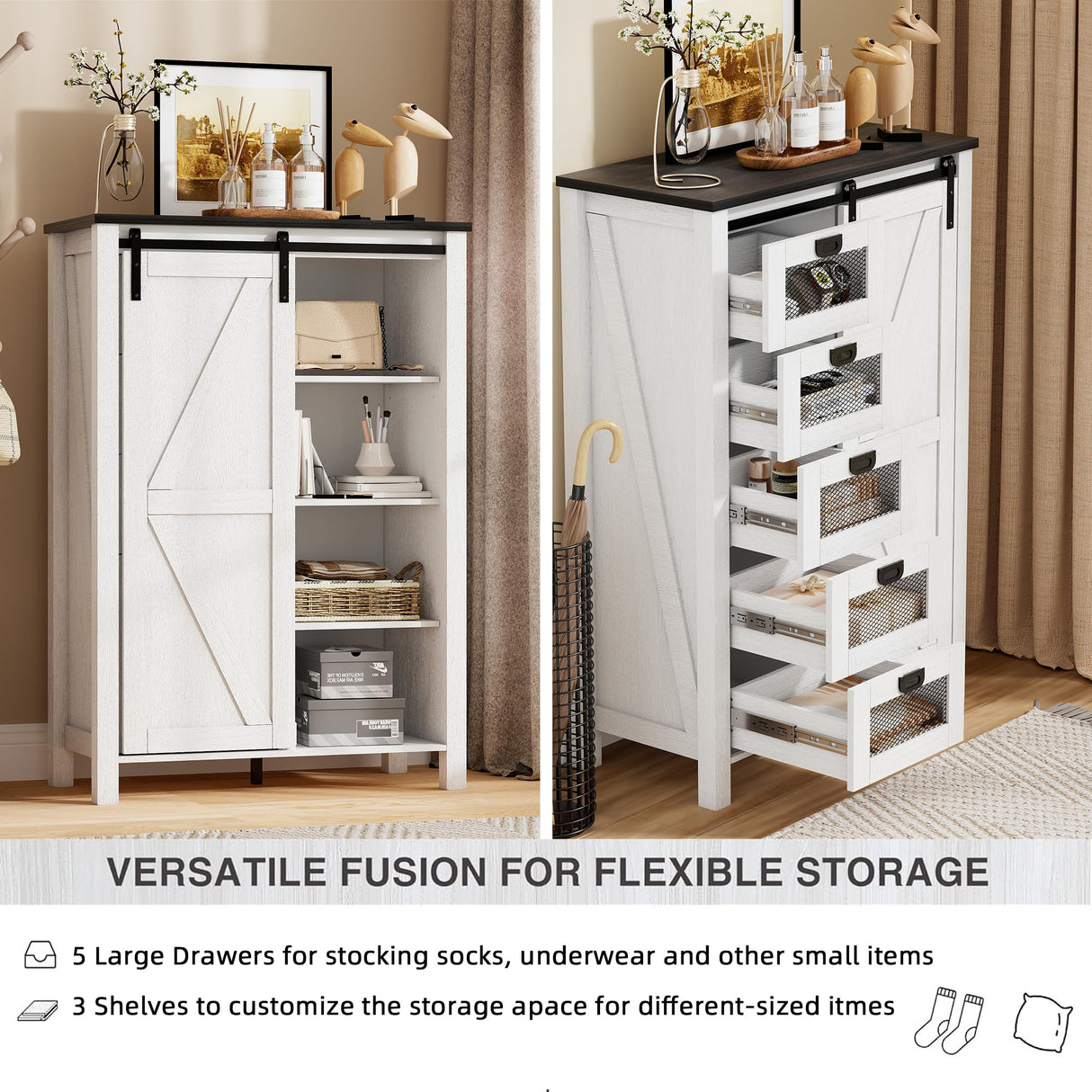 SDMY 5 Drawers Dresser for Bedroom w/Sliding Barn Door, 5 Drawer Tall Dresser, Farmhouse Chest of Drawers, Storage Organizer Dresser for Bedroom, Hallway, Living Room, Kids Room (White) SDMY