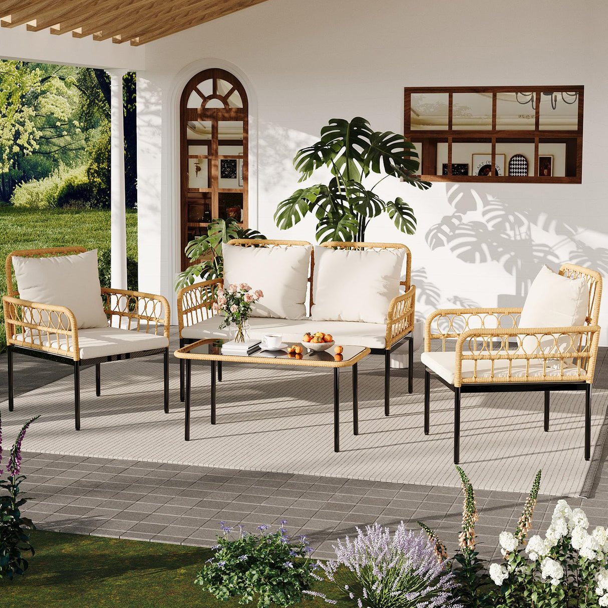 IDEALHOUSE 4-Piece Outdoor Patio Furniture Set, All-Weather PE Rattan Wicker Loveseat & Chairs with Glass Coffee Table & Steel Frame, Boho Conversation Set for Patio, Balcony, Backyard, Beige IDEALHOUSE