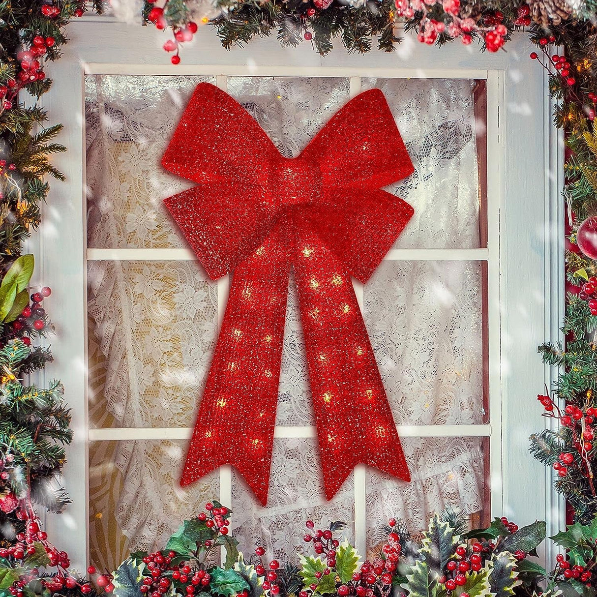 LAMPHOME Christmas Glitter Red Bow,Lighted Large Christmas Bows Wreath Decoration,Christmas Tree Topper Decorative Bow for Indoor Outdoor Christmas Parties Decorations (32IN 72LED) LAMPHOME