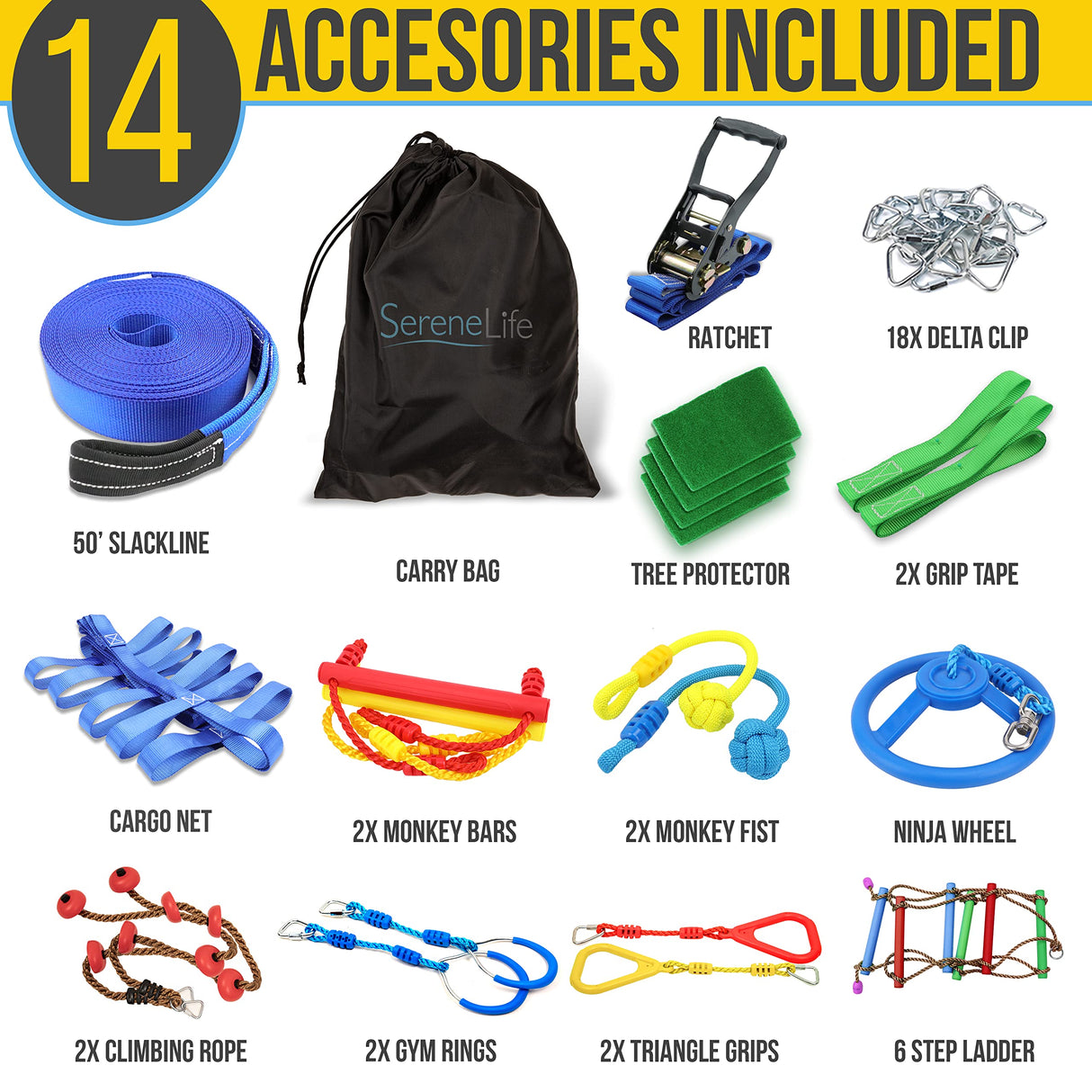 SereneLife Ninja Warrior Slack Line Obstacle Course 50ft Slackline with 18 Jungle Gym Tree Climbing Attachments Backyard Outdoor Play Equipment Set for Kids Outside with Rope Ladder and Accessories SereneLife