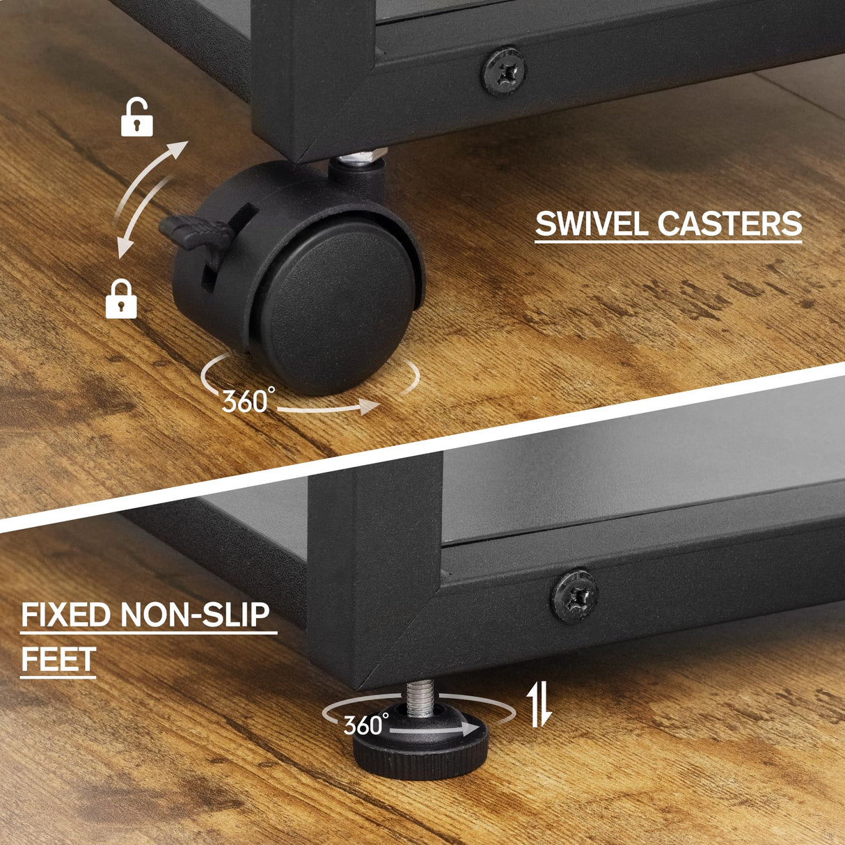 Cakokow Under Desk Printer Stand - 2-Tier Industrial Mobile Printer Table with Storage Shelf, Heavy Duty Wood Rolling Printer Cart with Wheels for Home and Office,Classic Black Cakokow