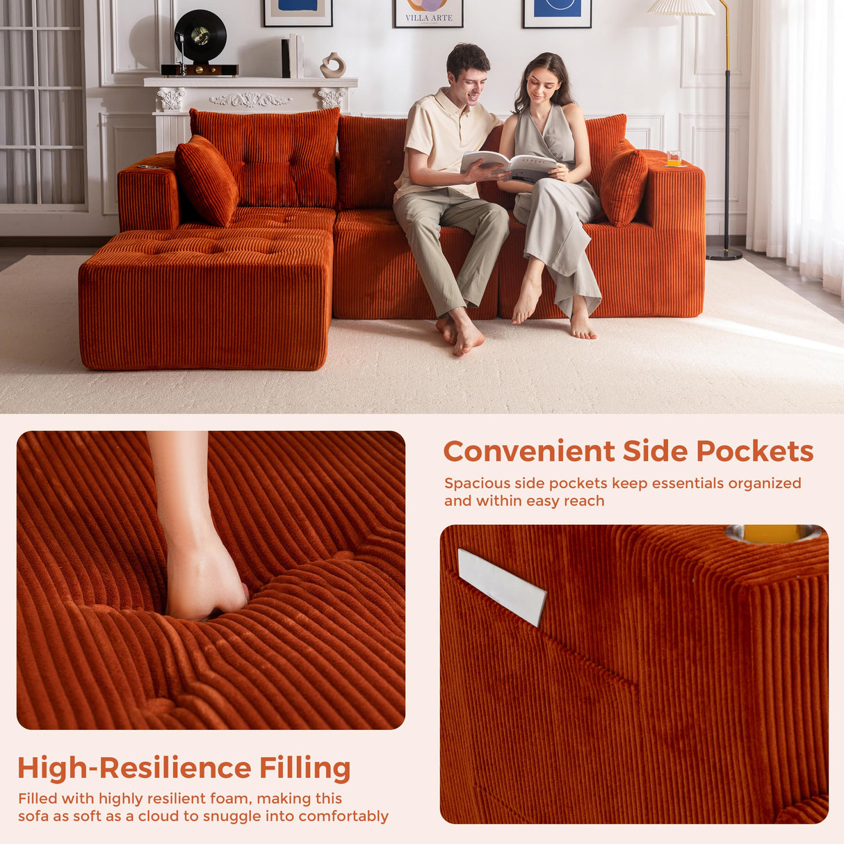 MAXYOYO Modular Sectional Sofa Couch, L Shaped Modern Cloud Couch with 1 Ottoman, Sofa in A Box, Tufted 4-Seat Boneless Sleeper Chair for Living Room, No Assembly Required, Orange MAXYOYO