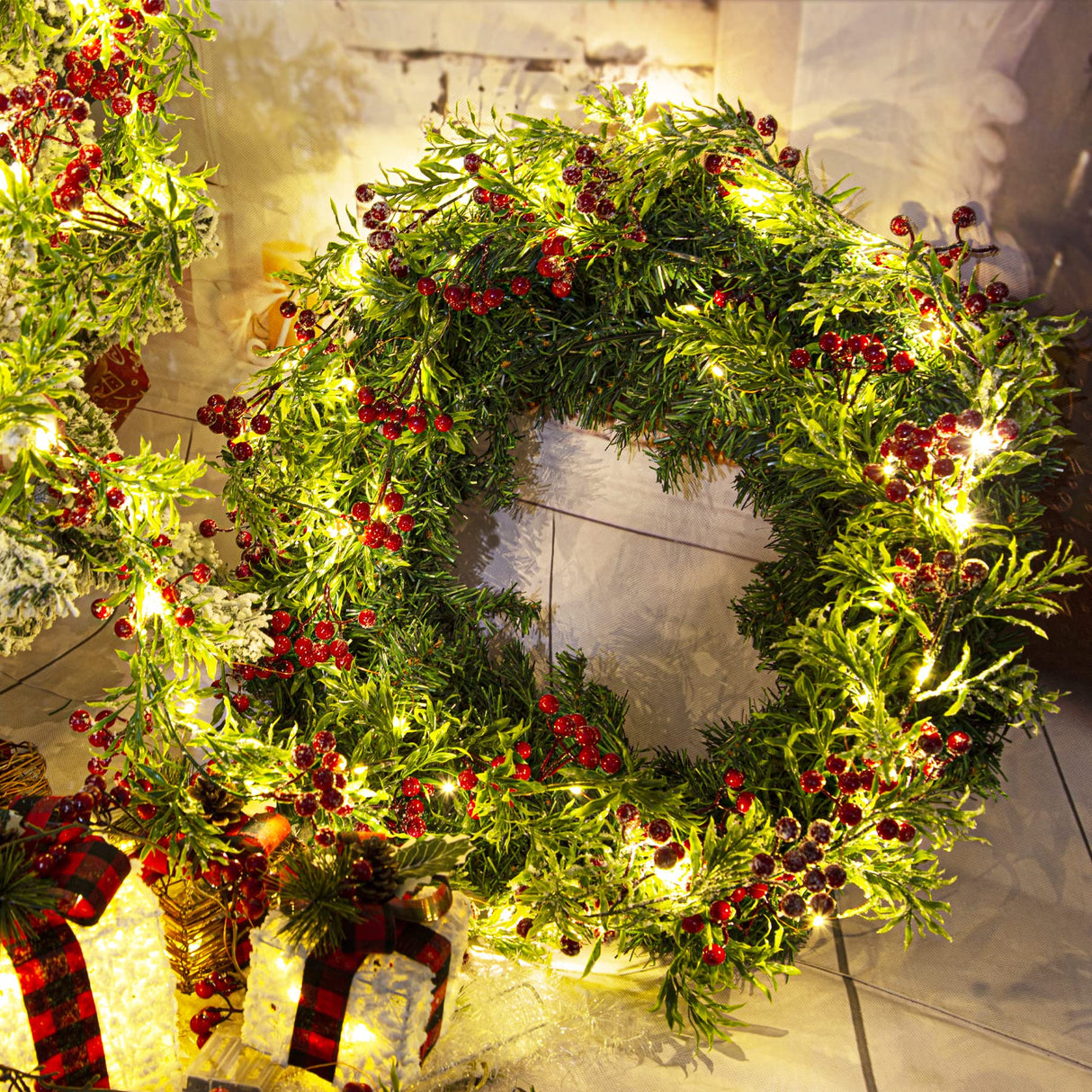 5.9FT Artificial Christmas Garland String Lights with 162 Snowy Red Berries 55 Green Leaves 20 LED Lights Battery Operated for Xmas Mantle Indoor Outdoor Holiday Christmas Thanksgiving Decoration LAWOHO