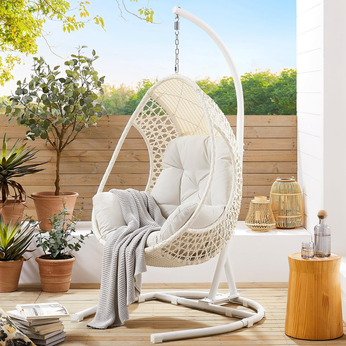 Ulax Furniture Hanging Egg Chair, Wicker Rattan Swing Hammock Chair with White Stand and Beige Cushion for Indoor Outdoor Ulax furniture