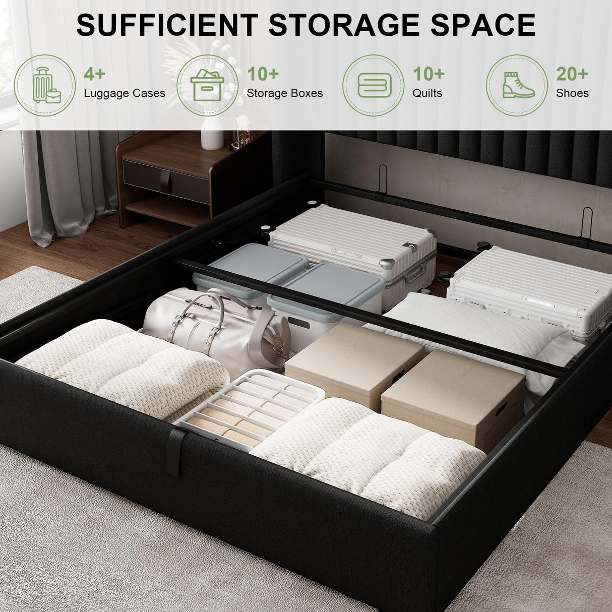 Feonase Queen Size Lift Up Storage Bed Frame, Linen Upholstered Platform Bed with Wingback Headboard, Hydraulic Storage, No Box Spring Needed, Black Feonase