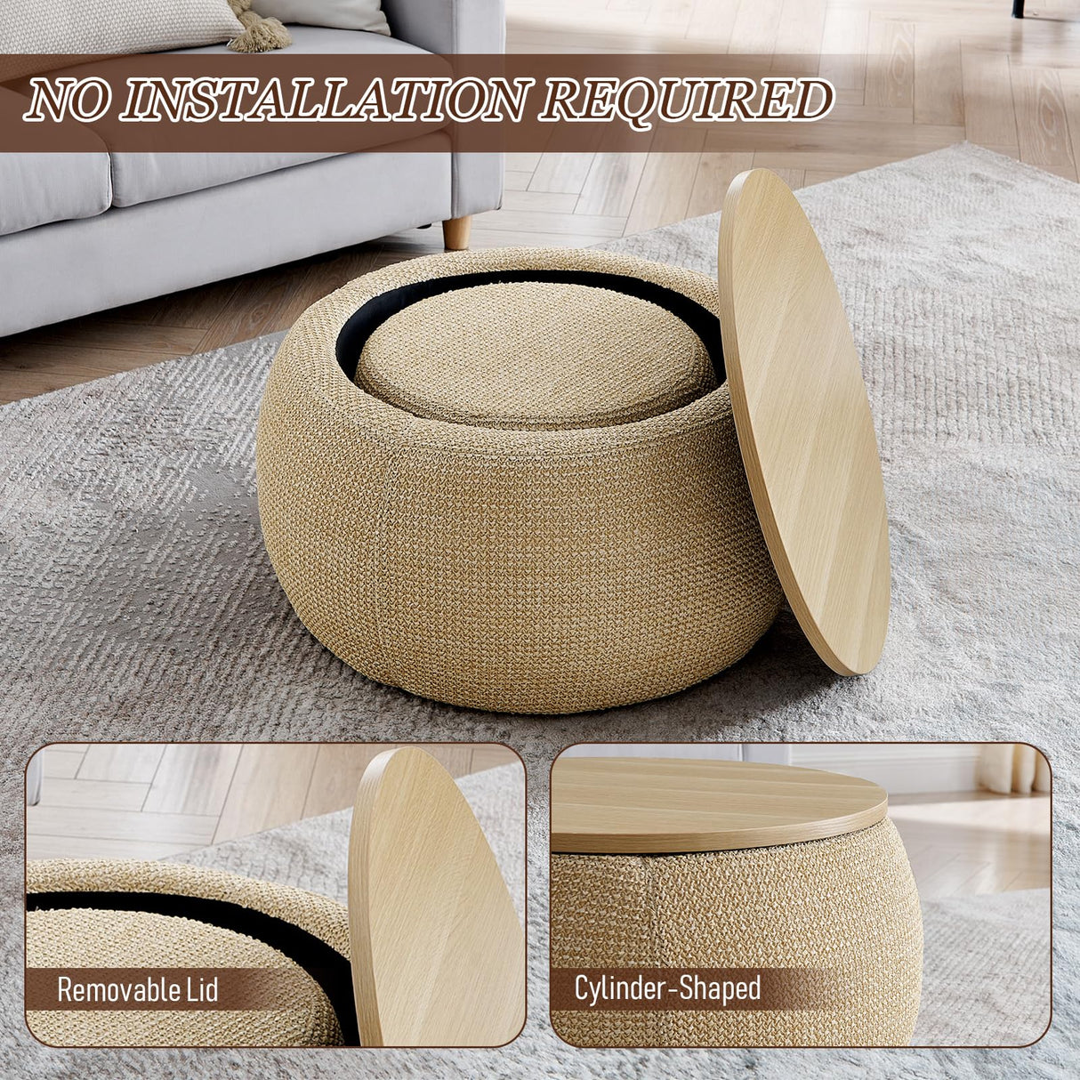 Round Ottoman with Storage Set of 2, 25" Large Upholstered Storage Ottoman Set Coffee Table with Removable Wood Tray, Modern Circle Foot Stool Padded Bench Ottomans for Living Room (Natural) TTK