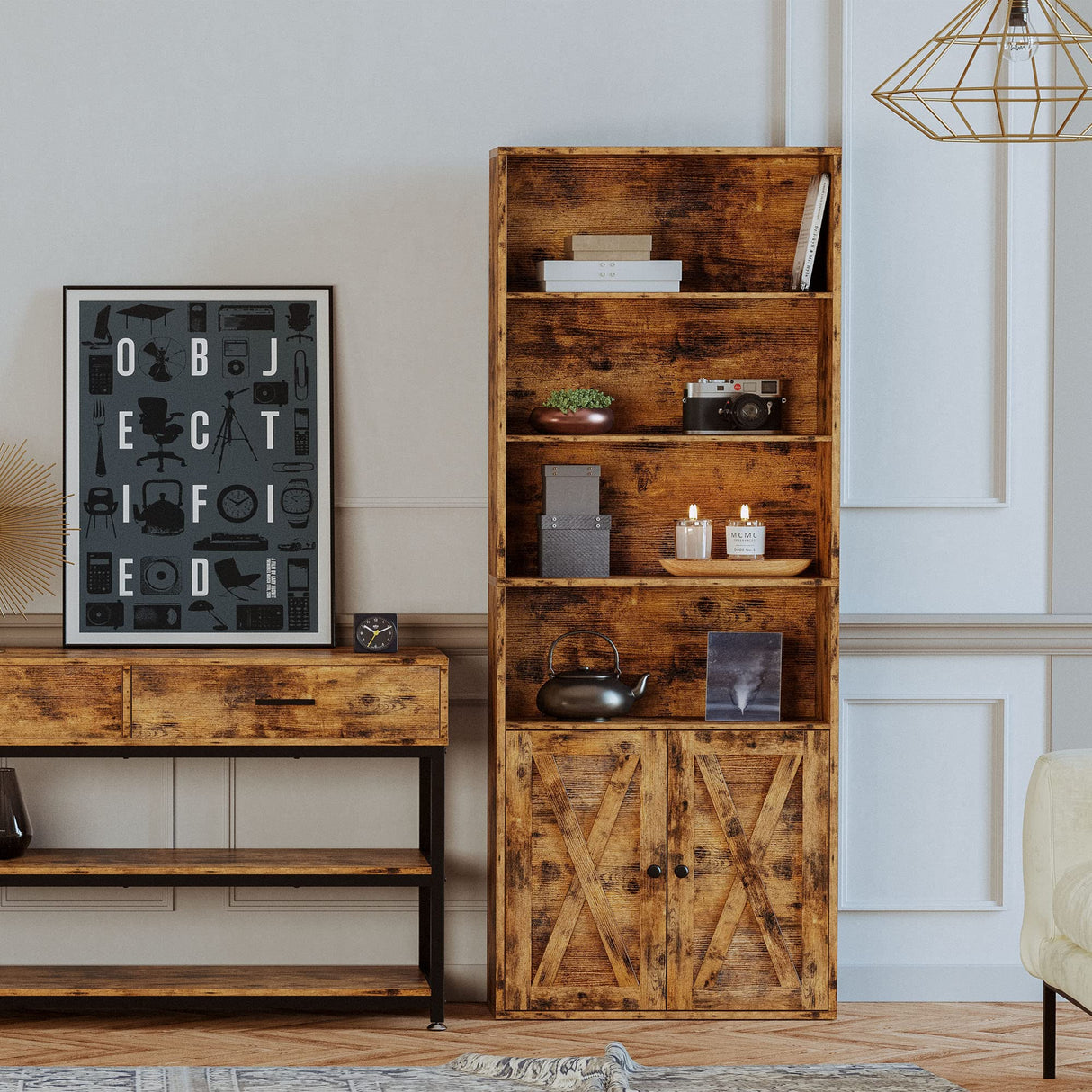 IRONCK Industrial Bookshelves and Bookcases with Doors Floor Standing 6 Shelf Display Storage Shelves 70 in Tall Bookcase for Home Office, Living Room IRONCK