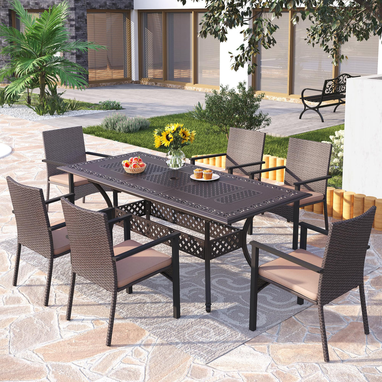 PHI VILLA 7 Pieces Expandable Cast Aluminum Outdoor Dining Set for 6, Extendable Metal Table with Umbrella Hole & Cushioned Wicker Chairs, Dining Furniture Set for Patio, Deck, Yard and Porch PHI VILLA