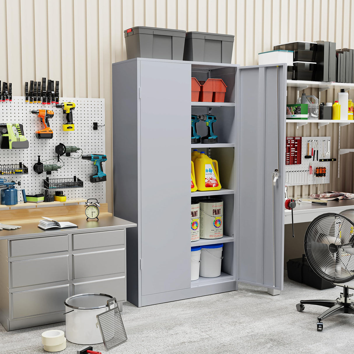 Incbruce 72” Metal Storage Cabinet, Locking Steel Storage Cabinet with 2 Doors and 4 Adjustable Shelves, Tall Lockable Tool Storage Cabinet for Garage, Home, Office (Cement Grey) Incbruce