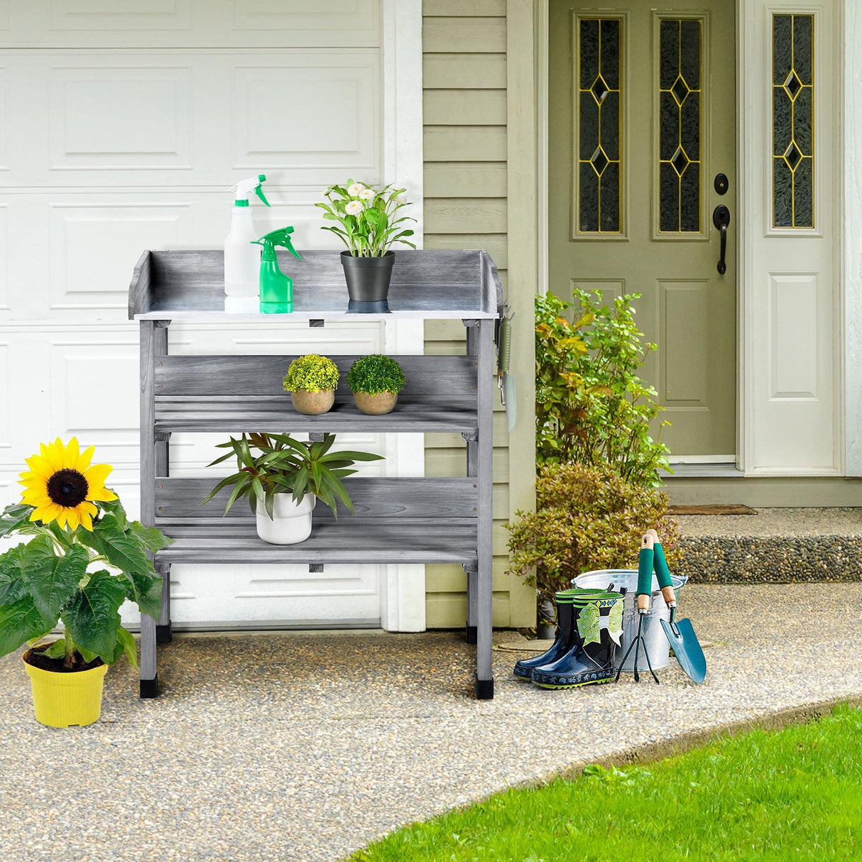 Topeakmart Fir Wood Potting Bench W/Storage Shelf W/Metal Tabletop W/Hook 3 Shelves Potting Table for Outdoor Garden Work Bench Gray Topeakmart