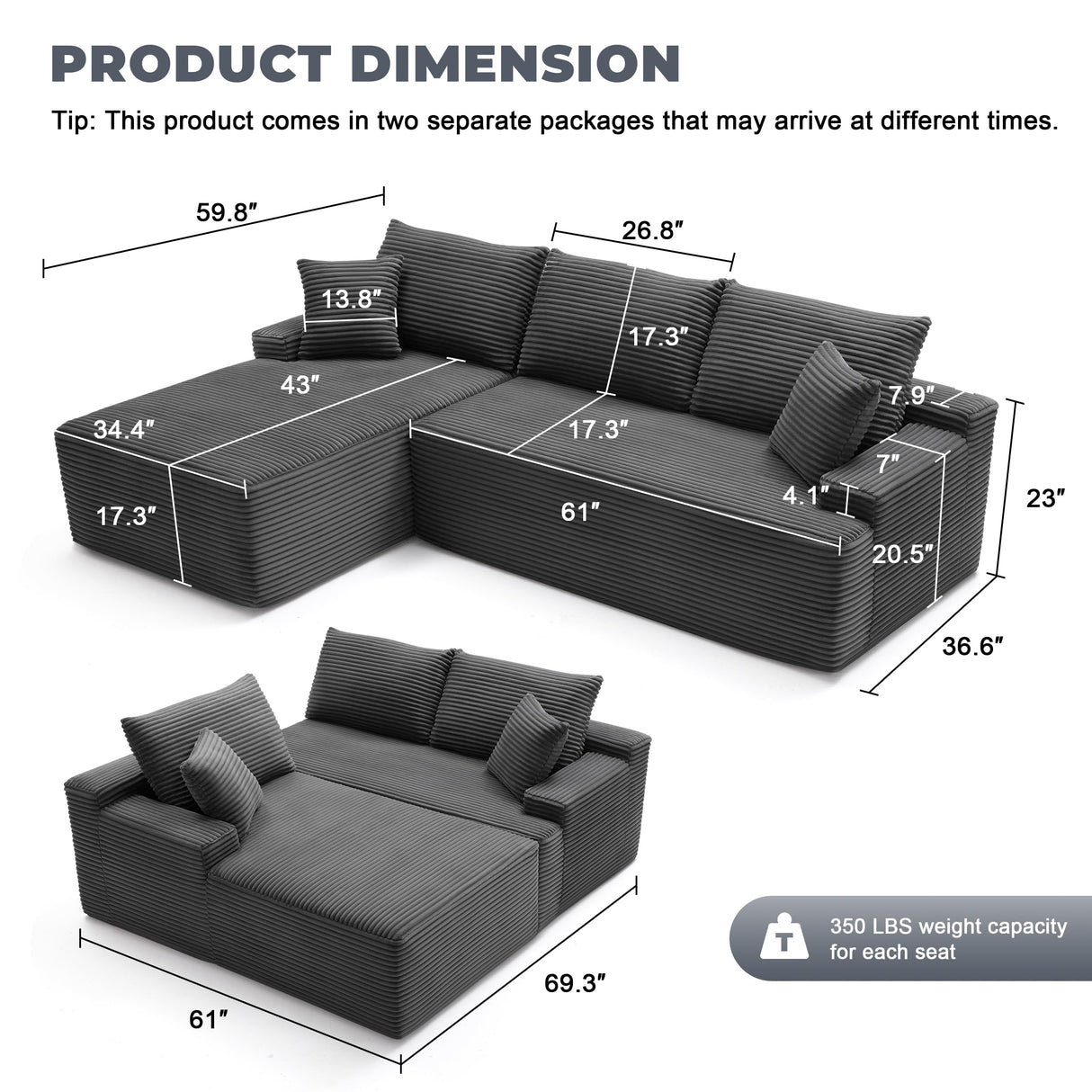 Mangodan Cloud Sectional Couch, Boneless Sofa for Living Room, Modular Sectional Sofa with Deep Seat, Fluffy Comfy Couch with L-Shaped Chaise, No Assembly Required, Dark Grey Mangodan