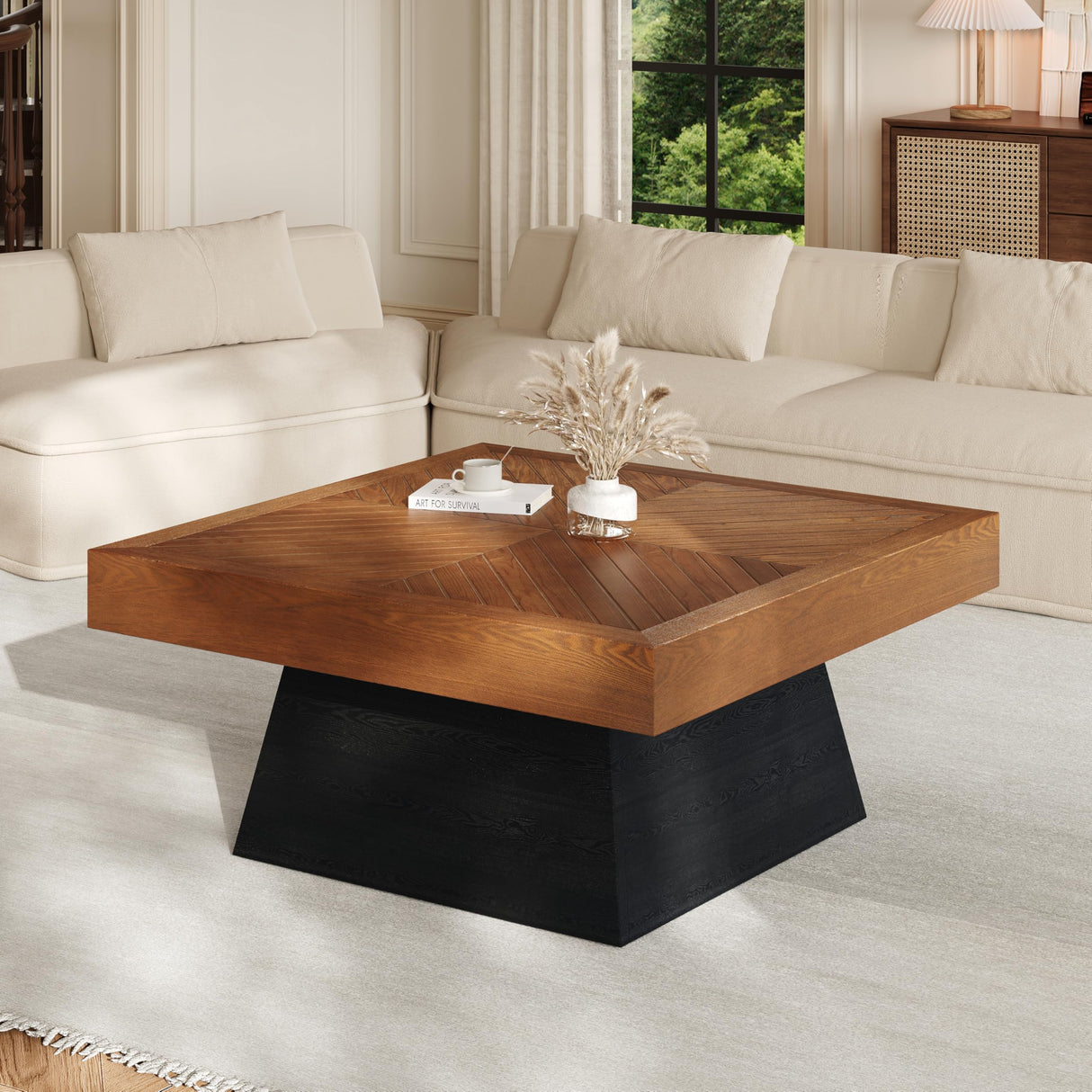 Christopher Knight Home Sami Mid Century Modern Coffee Table for Living Room Furniture/Apartment, Square Side Table with Wood Grain Top, Wooden End Table with Sturdy Pedestal Base, Black + Brown Christopher Knight Home