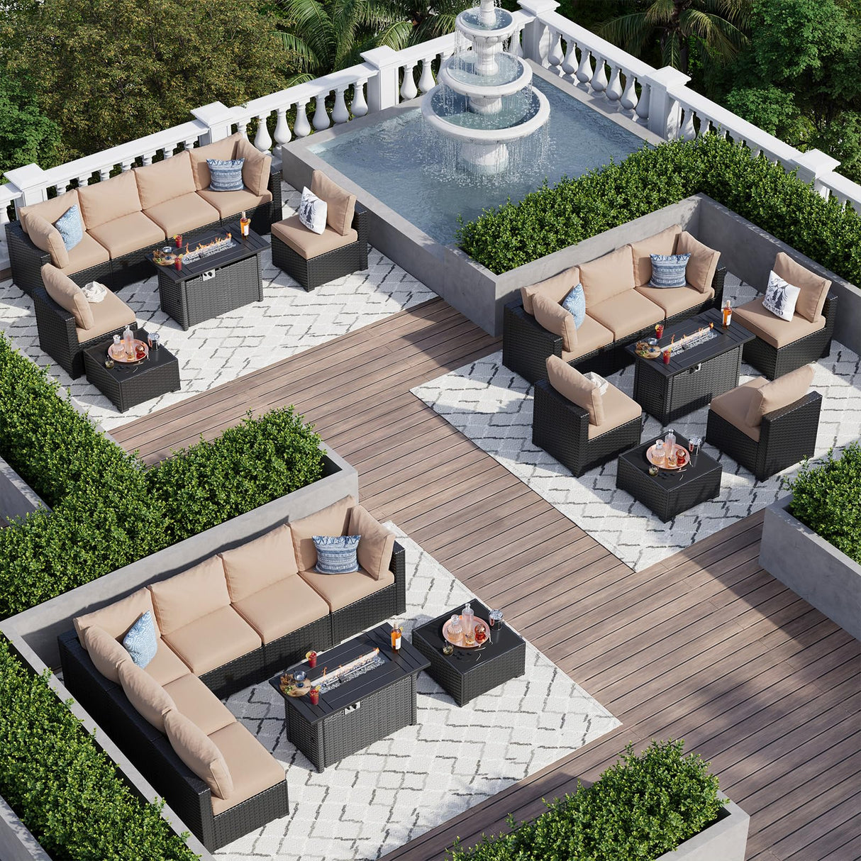 Aoxun 8 Piece Patio Furniture Set with 44” Fire Pit Table Wicker Rattan Patio Sectional Sofa Set Outdoor Seating Furniture with Thickened Cushion, Beige Aoxun