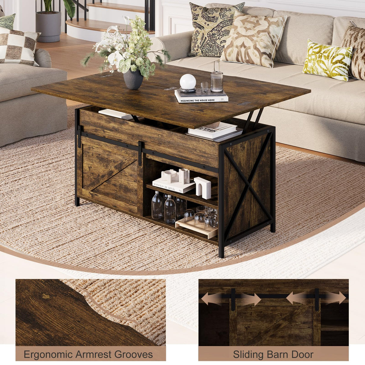 Vividwood Lift Top Coffee Table with Storage and Sliding Door, 4 in 1 Multi-Function Convertible Tea Table with Hidden Compartment, Farmhouse Center Table with Wood Lift Tabletop for Living Room Brown Vividwood