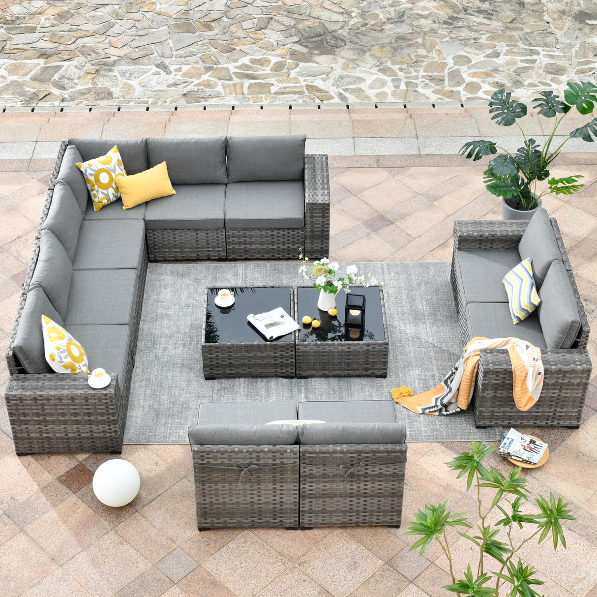 HOOOWOOO 12 Piece Modular Patio Outdoor Sectional Furniture Sofa Set,Wicker Conversation Set,Out Door Couch Set with Wide Arm for Outside All Weather(Dark Grey) HOOOWOOO