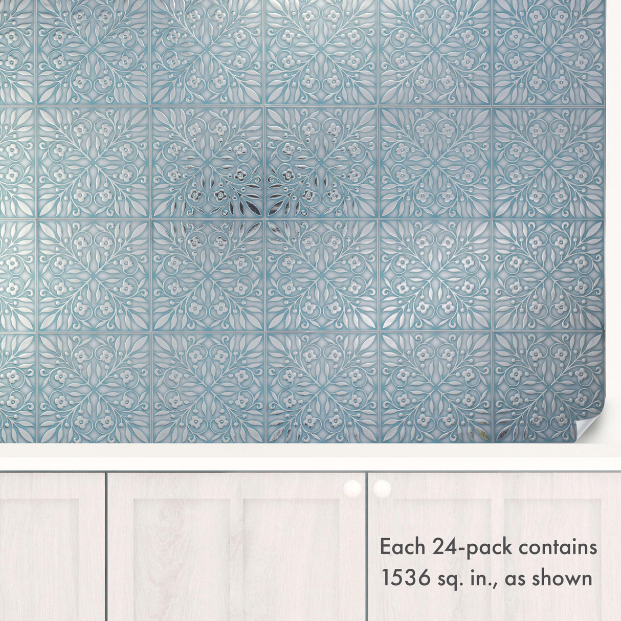 24-Pack of 8 x 8" Wallpaper Tiles for Kitchen Backsplash in Teal and Silver Leaves Design. Peel and Stick Paper Tile Renter Friendly Backsplash. Self Stick Paper Wall Tiles for Your Home Main Street