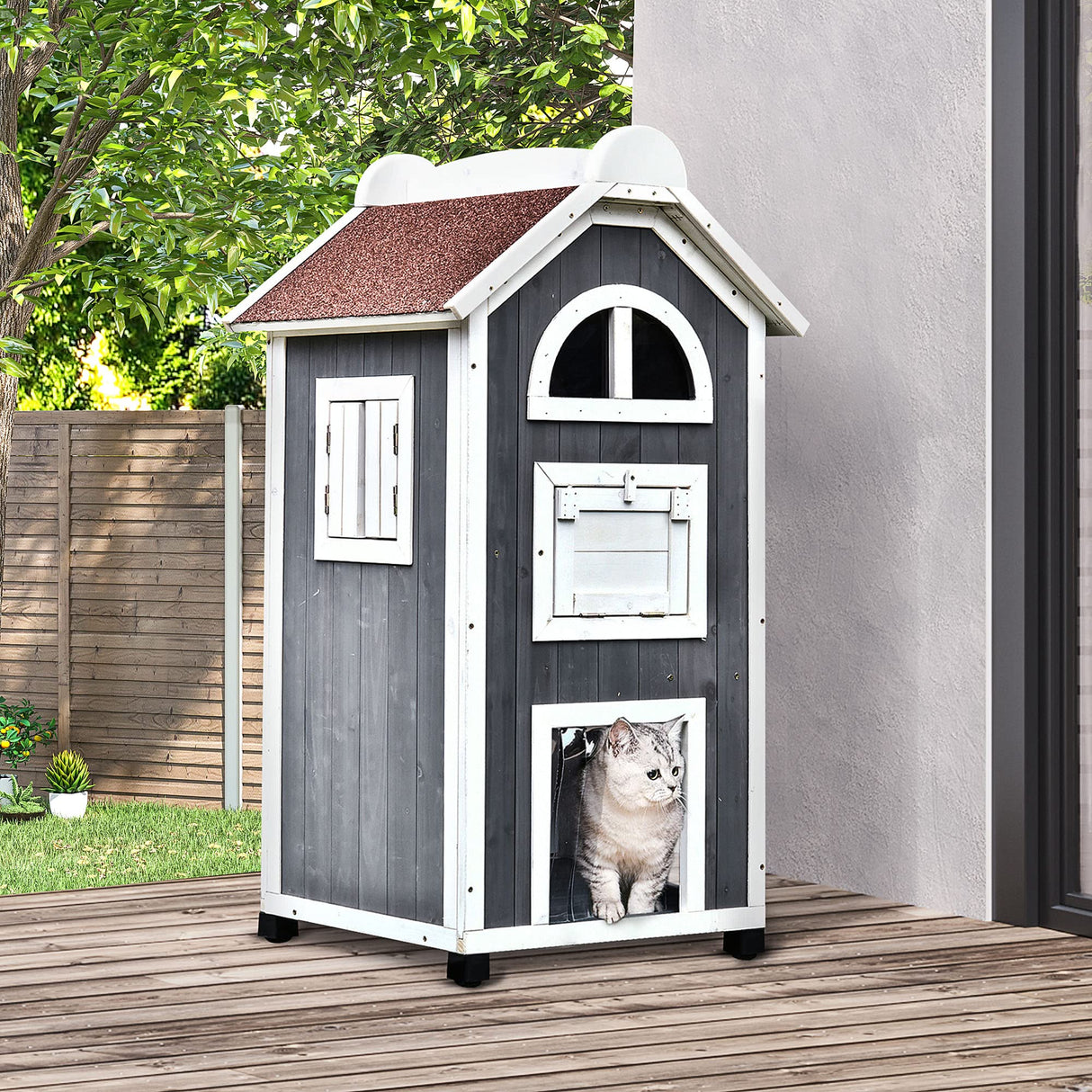 PawHut 43" H Wooden Cat House Outdoor with Hammock, Weatherproof 3-Floor Feral Cat Shelter with Escape Doors, Asphalt Roof, Inside Ladders, Gray PawHut