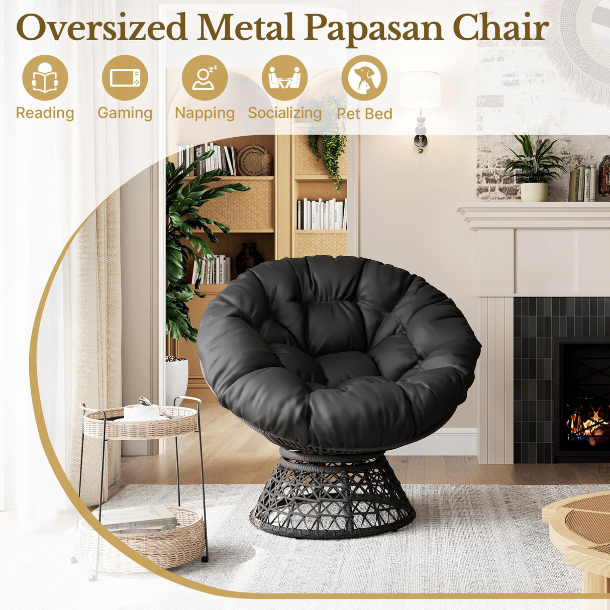 Yaheetech Indoor Papasan Chairs with Thick Tufted Cushions and Frame, Swivel Wicker Ergonomic Lounge Reading Chairs for Living Room/Bedroom, Black Yaheetech