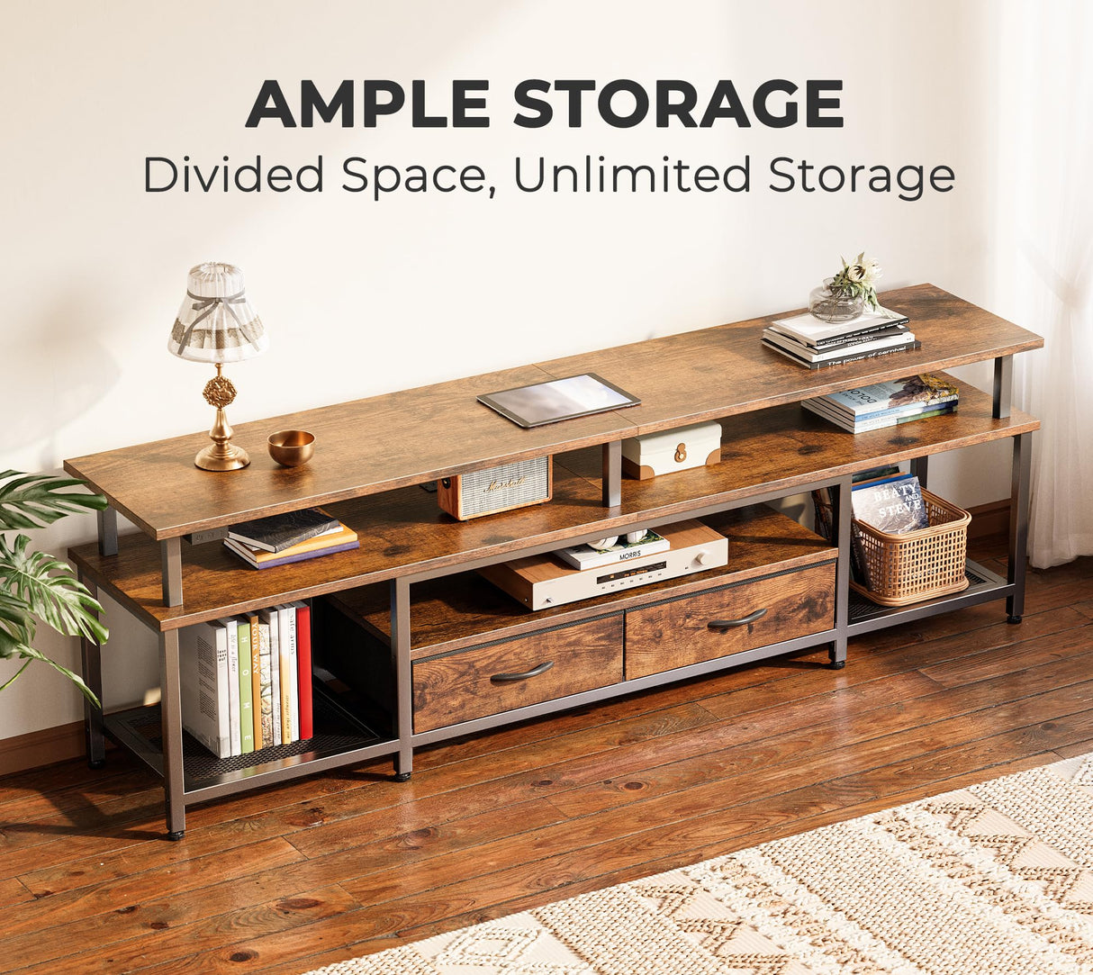 Huuger TV Stand for 65, 70, 75 Inch TV, Entertainment Center with Power Outlets and LED Lights, TV Console for Living Room, Media Console with Drawers and Shelves, Rustic Brown Huuger