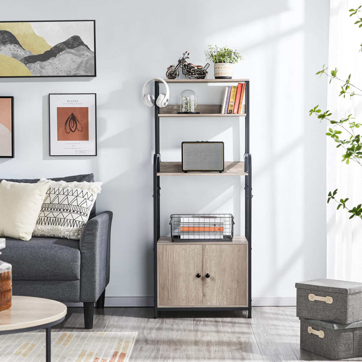 Yaheetech 4-Tier Kitchen Bakers Rack with Storage Cabinet and Hutch, Microwave Oven Stand Coffee Bar Pantry Cabinet with 8 S Hooks, Freestanding Kitchen Shelves Spice Rack, Gray Yaheetech