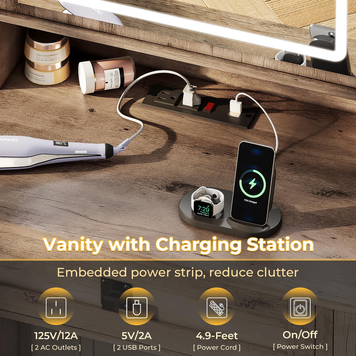 Makeup Vanity Desk with Lights, 47.2" Farmhouse Vanity Table with Sliding Mirror & Charging Station, Large Makeup Desk with 5 Drawers & 2 Cabinets, Rustic Oak MSmask