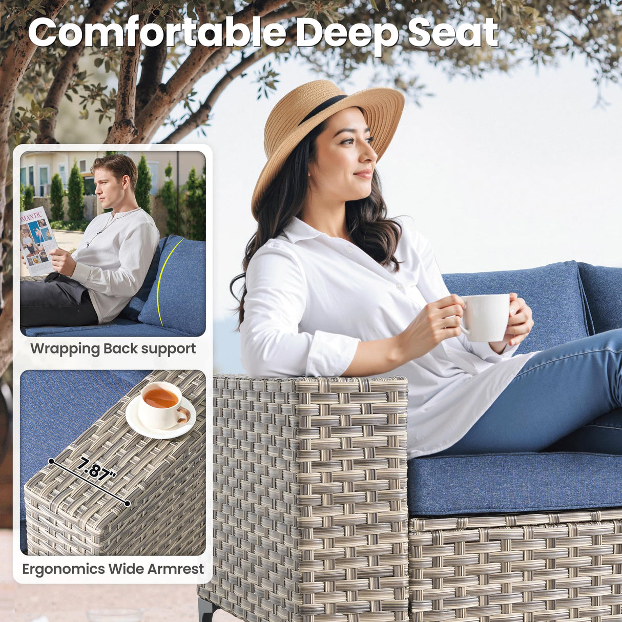 ovios 5 Pieces Patio Furniture Set Outdoor Sectional Sofa Couch with Deep Seat Chaise Comfy Cushions, Modern Modular Wicker Rattan Conversation Set Porch Deck Garden, Denim Blue ovios