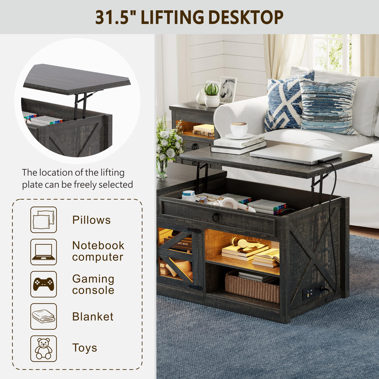 Lvifur 48" W Farmhouse Lift Top Coffee Table with LED Lights & Charging Station, Living Room Center Table with 2 Hidden Storage Compartments, Lifting Tabletop and Adjustable Shelf (Dark Rustic Oak) Lvifur