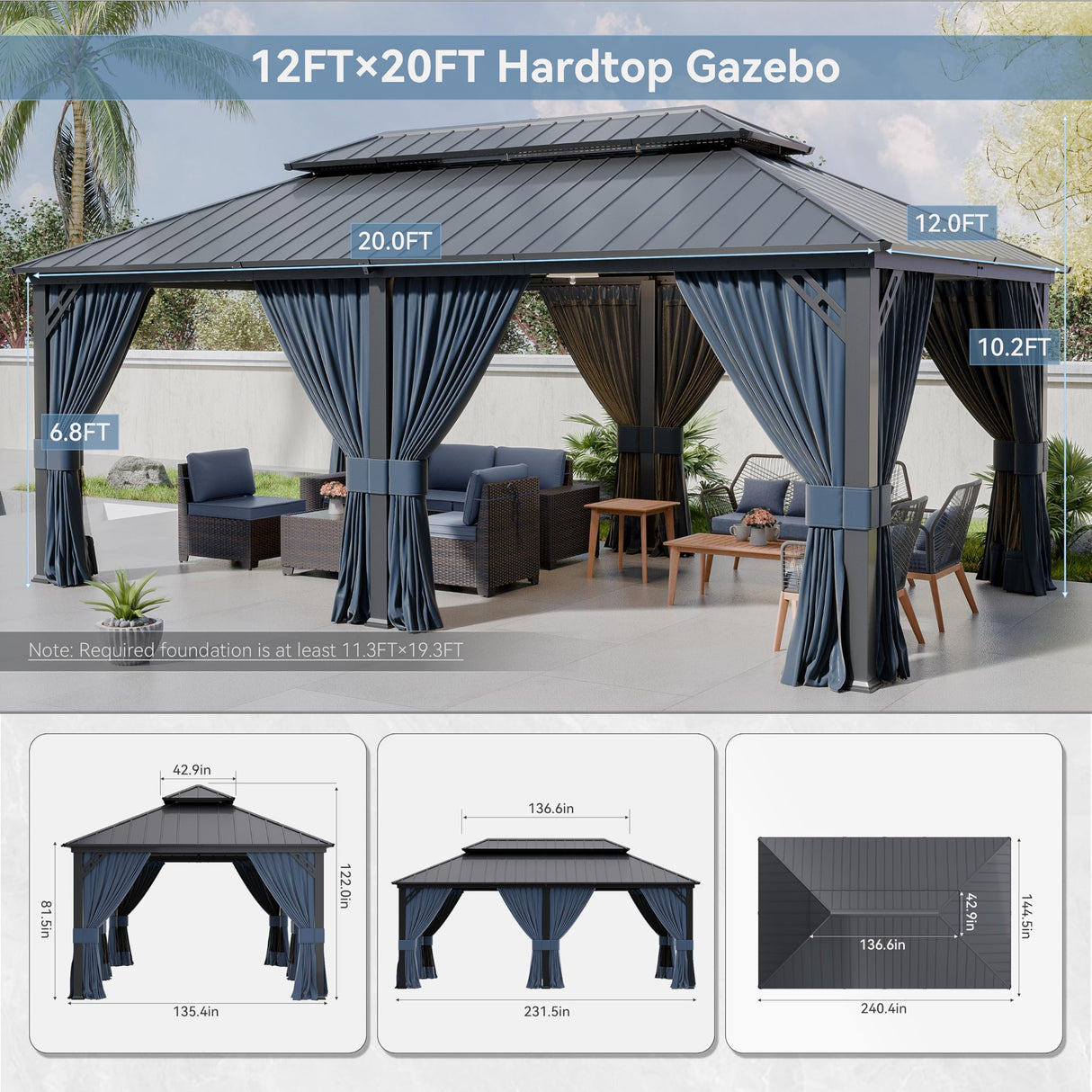 Kurapika 12' x 20' Hardtop Outdoor Metal Gazebo with Galvanized Steel Double Roof Canopy, Curtain and Netting, Aluminum Permanent Pavilion Gazebo, Navy Blue Kurapika