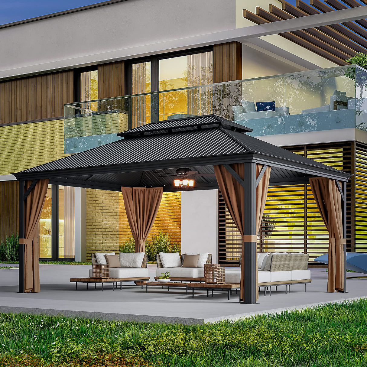 Greesum 12'x16' Hardtop Metal Gazebo, Outdoor Galvanized Steel Double Roof Canopy, Aluminum Frame Permanent Pavilion with Netting and Curtains for Patio, Backyard, Deck and Lawns Greesum