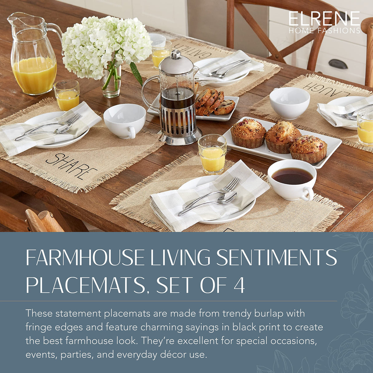 Elrene Home Fashions Farmhouse Living Sentiments Placemats, Burlap Placemats, Tan, Set of 4 Elrene
