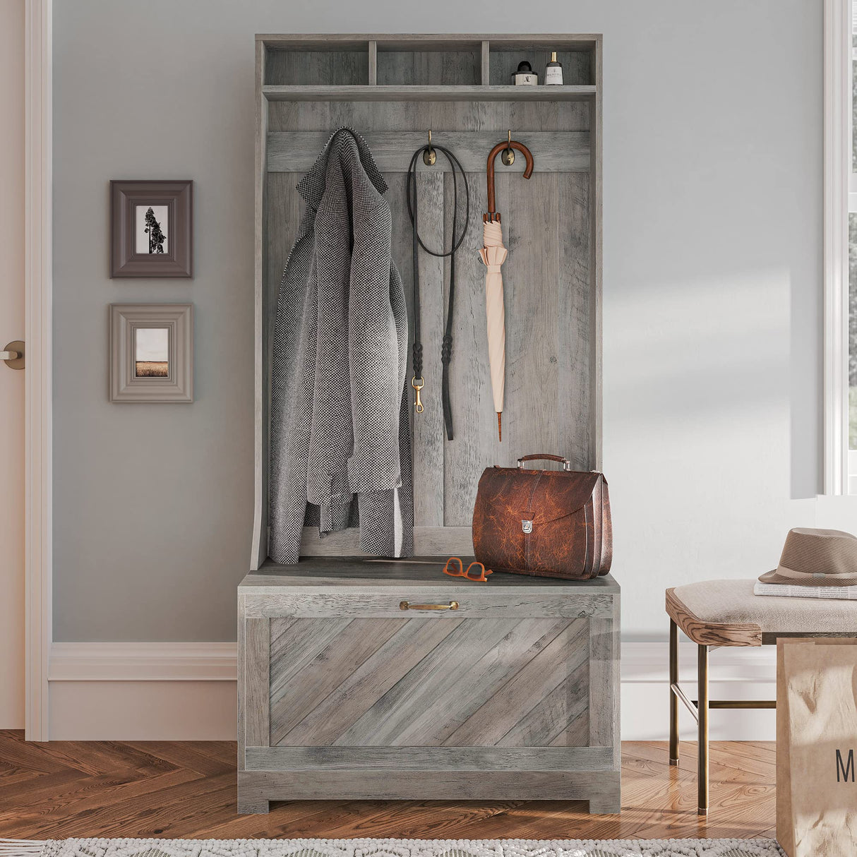 BELLEZE Entryway Hall Tree, Coat Rack, Storage Bench, 3-in-1 Design, Freestanding Shoe Rack - Hilo (Gray Wash) BELLEZE