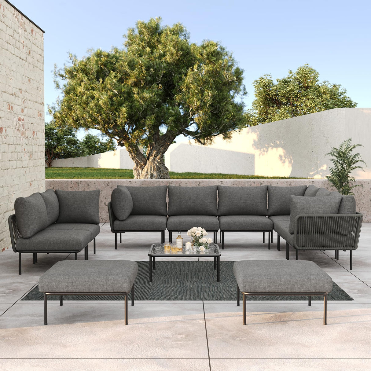 LayinSun 11 Pieces Aluminum Patio Furniture Set, Modern Modular Sectional Sofa with Coffee Table and Upgrade Thickness Cushion LayinSun
