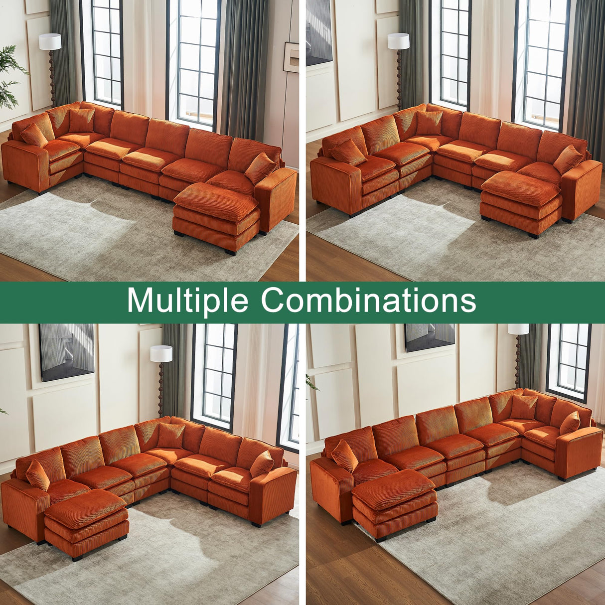 Extra Wide Seat Oversized Convertible Modular Sectional Sofa, Free Combination Reversible Sleeper Couch with Movable Ottoman, 7 Seater Corner Sofa&Couches for Living Room, Office, Spacious Space Eafurn
