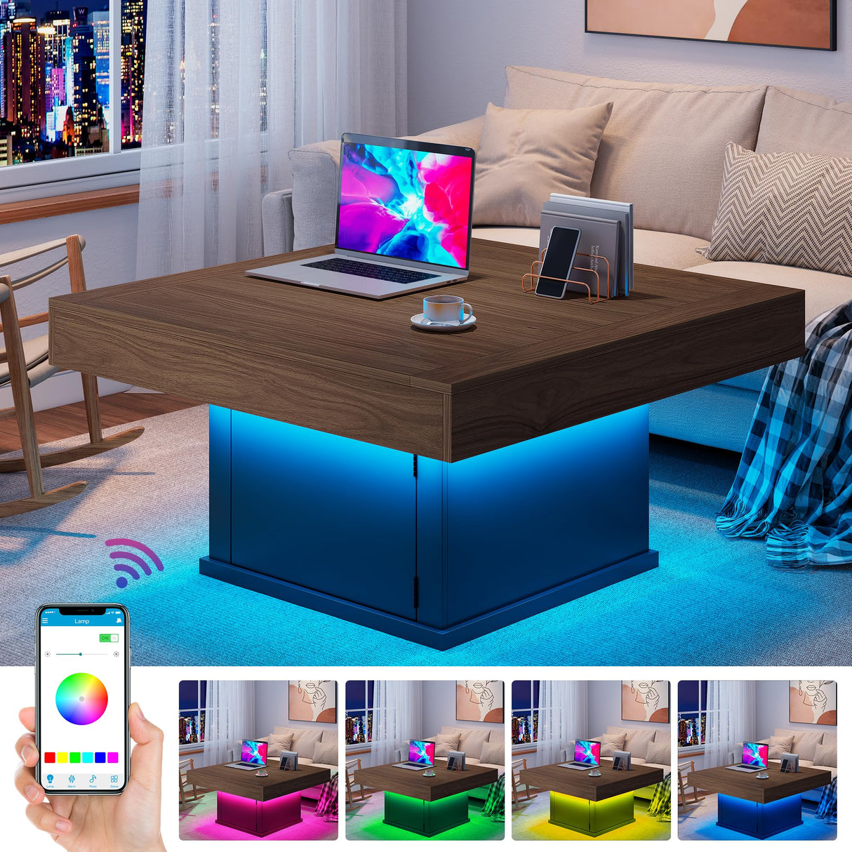 LED Coffee Tables for Living Room, 33.5" Square Center Table with Storage & Hidden Shelf, Large Modern Coffee Table Desk with RGB Lights, Living Room Tables Cocktail Table, Plug-in Use (Vintage Brown) knoworld